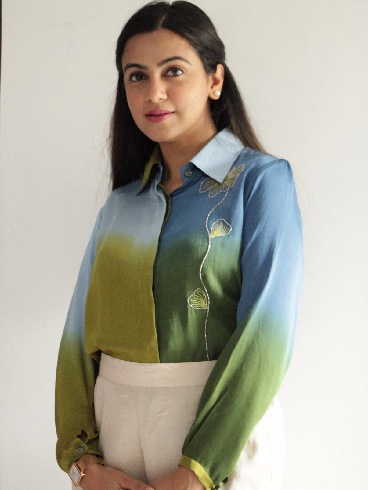 Green Blue Long Flower Shirt