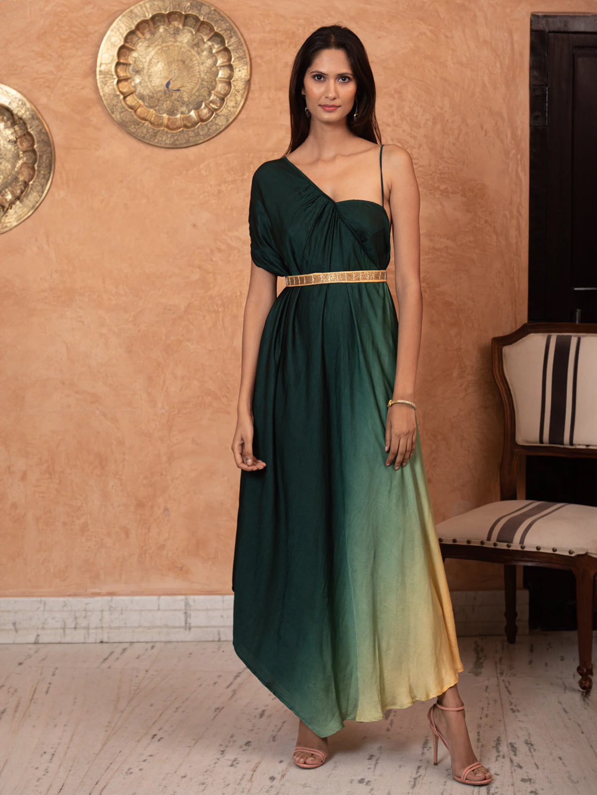 Deep green & cream ombre gown