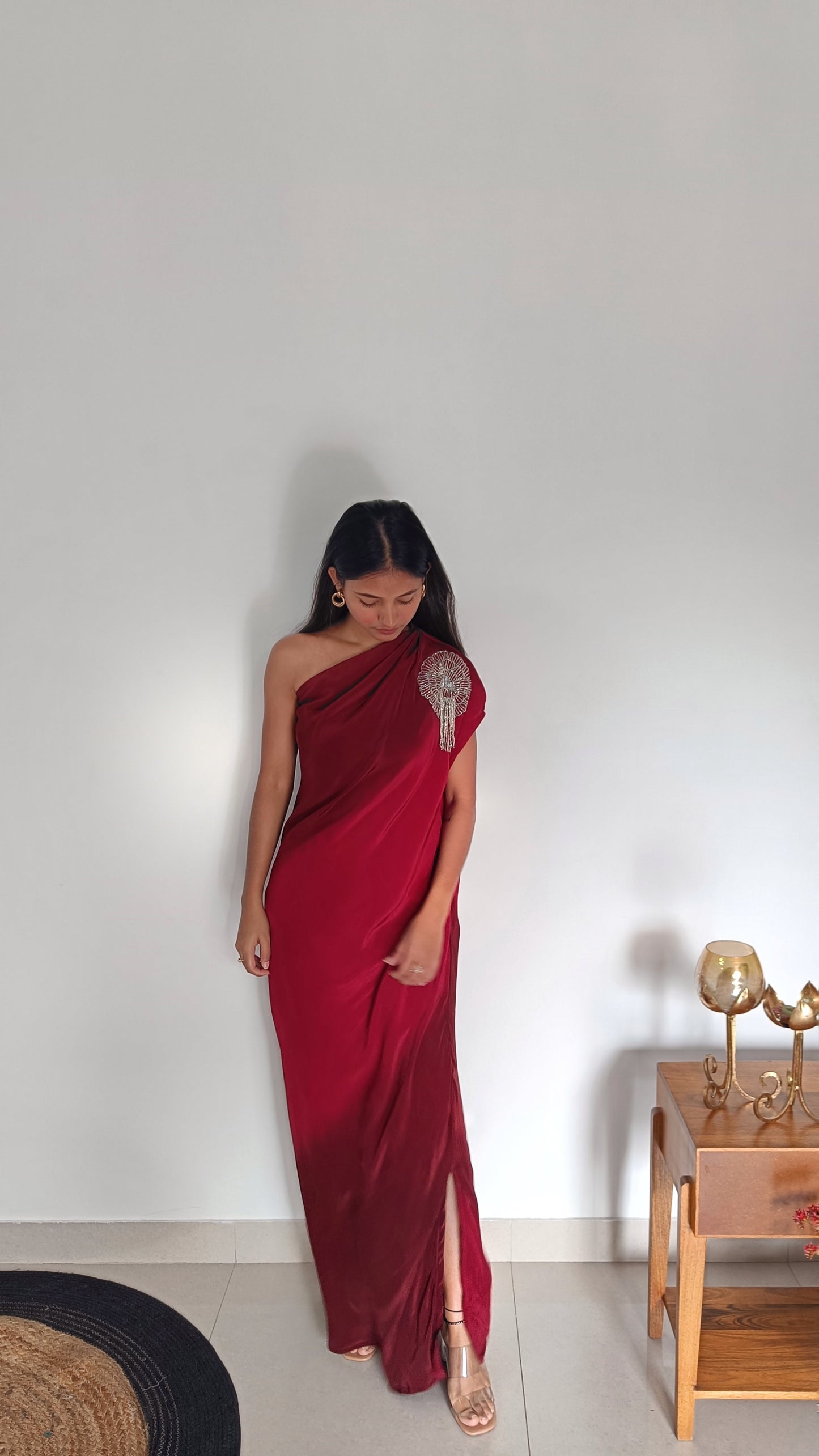 one off shoulder dress. maroon dress.ombre dye. embroidered work.western dress . dress for women. prom night party dress. cocktail party dress.maroon party dress order directed numbers party wear set party order of events partie or party