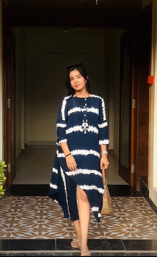 Indigo shibori asymmetric midi