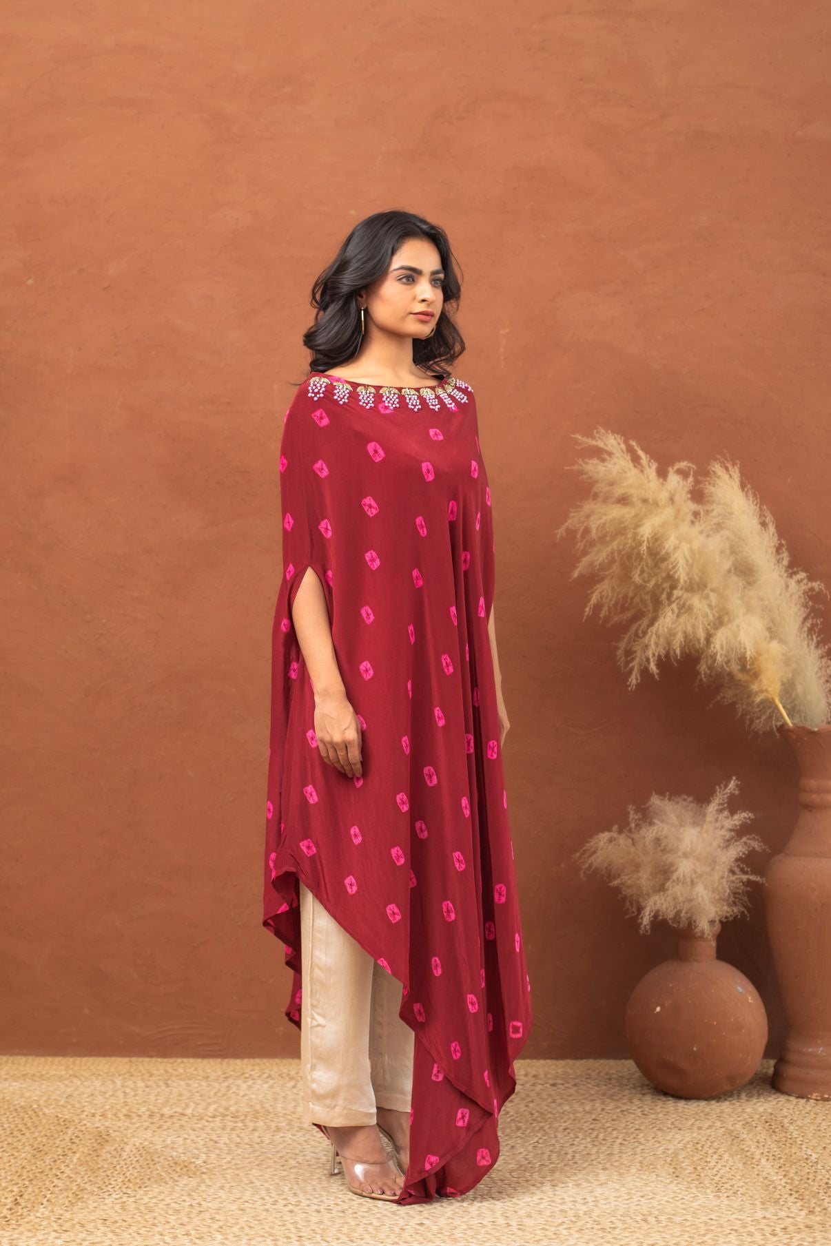 Maroon Bandhani Poncho