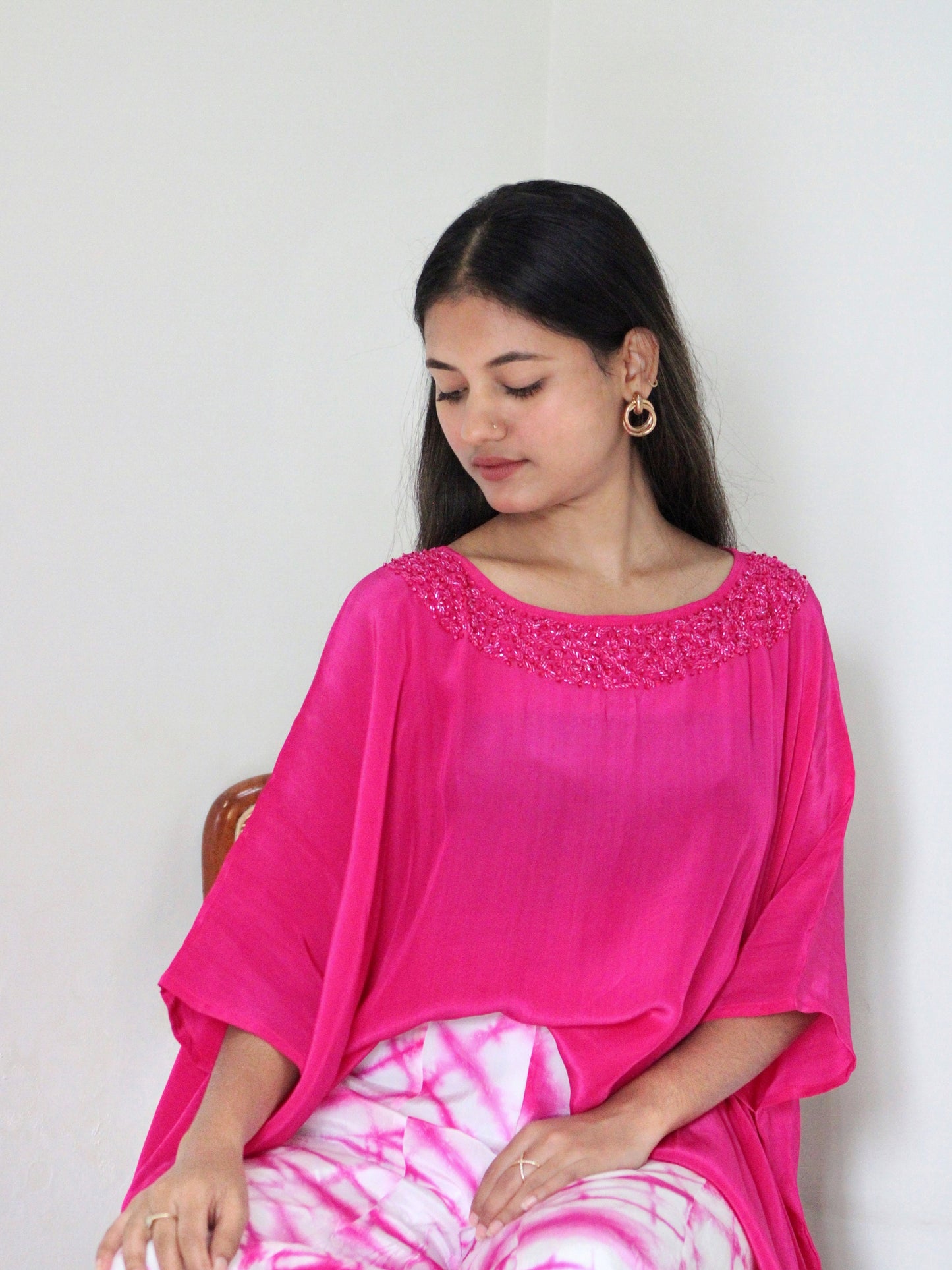 pink shibhori plazo set. pink indowestern dress for women . embroidered neckline cape top. designer dresses. shibhori tie dye dress