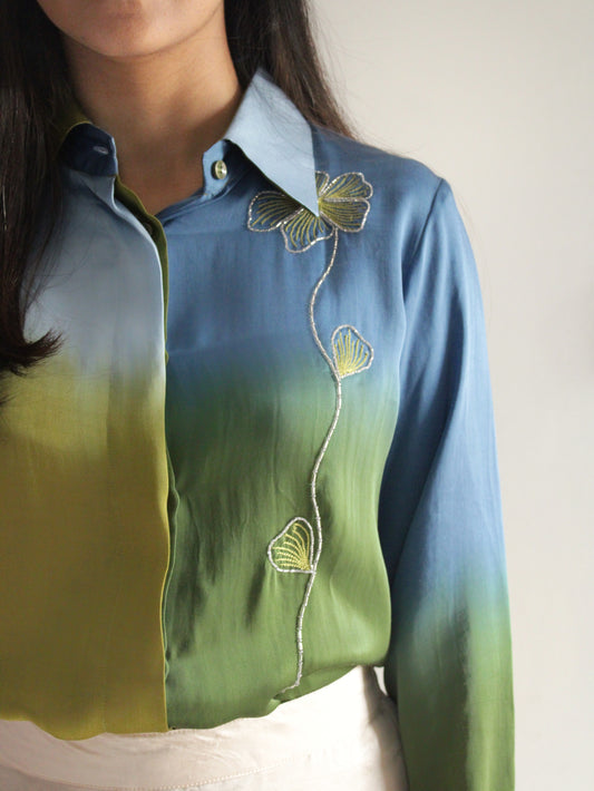 Green Blue Long Flower Shirt