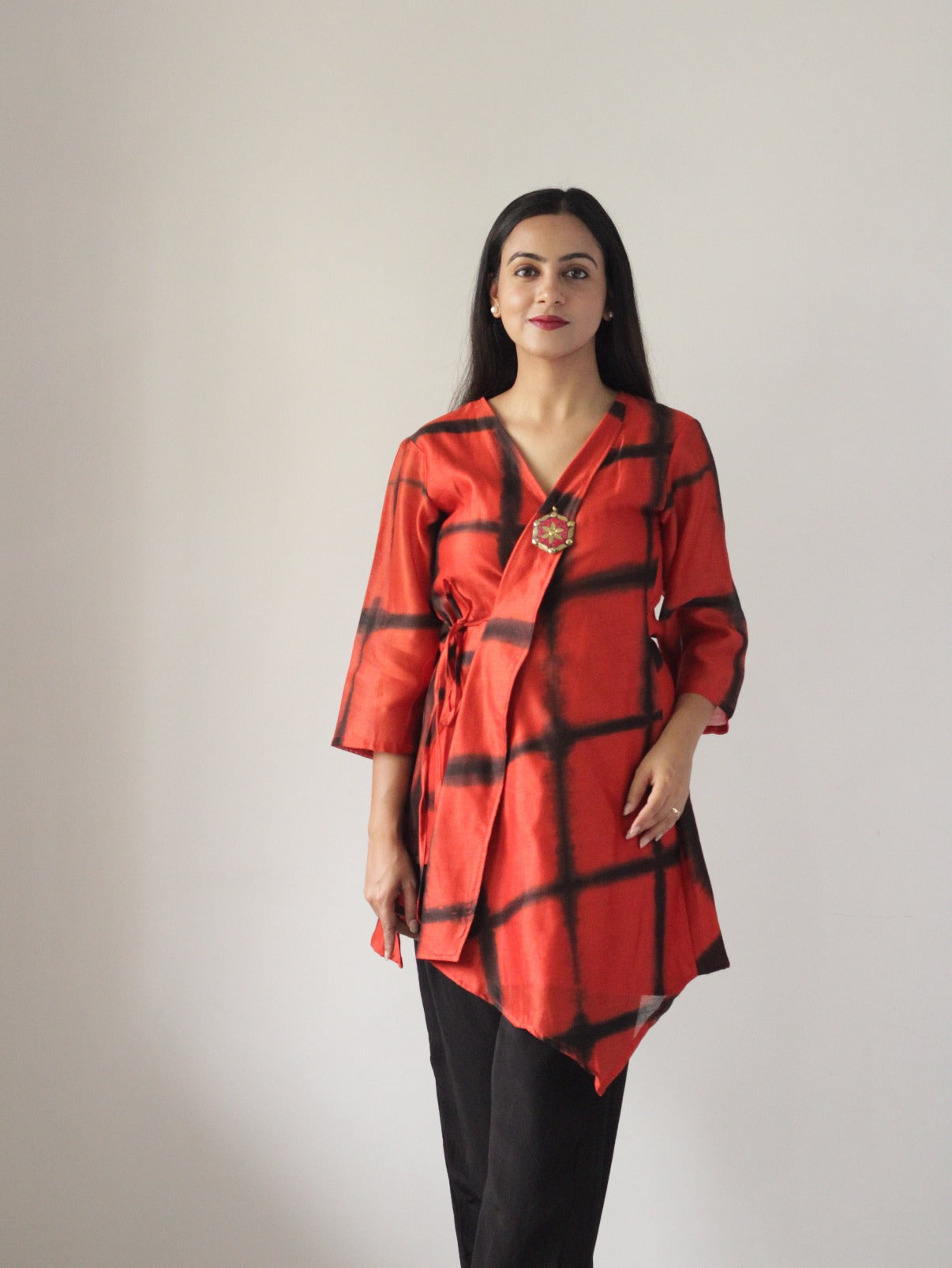 wrap top for women, western dresses online, chanderi dress women, knee length dress for girls, red chanderi wrap top. semi occasion . party wear