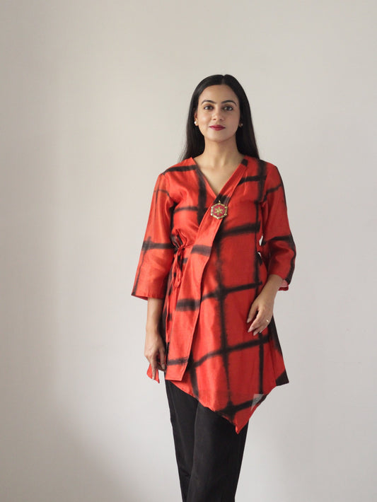 wrap top for women, western dresses online, chanderi dress women, knee length dress for girls, red chanderi wrap top. semi occasion . party wear