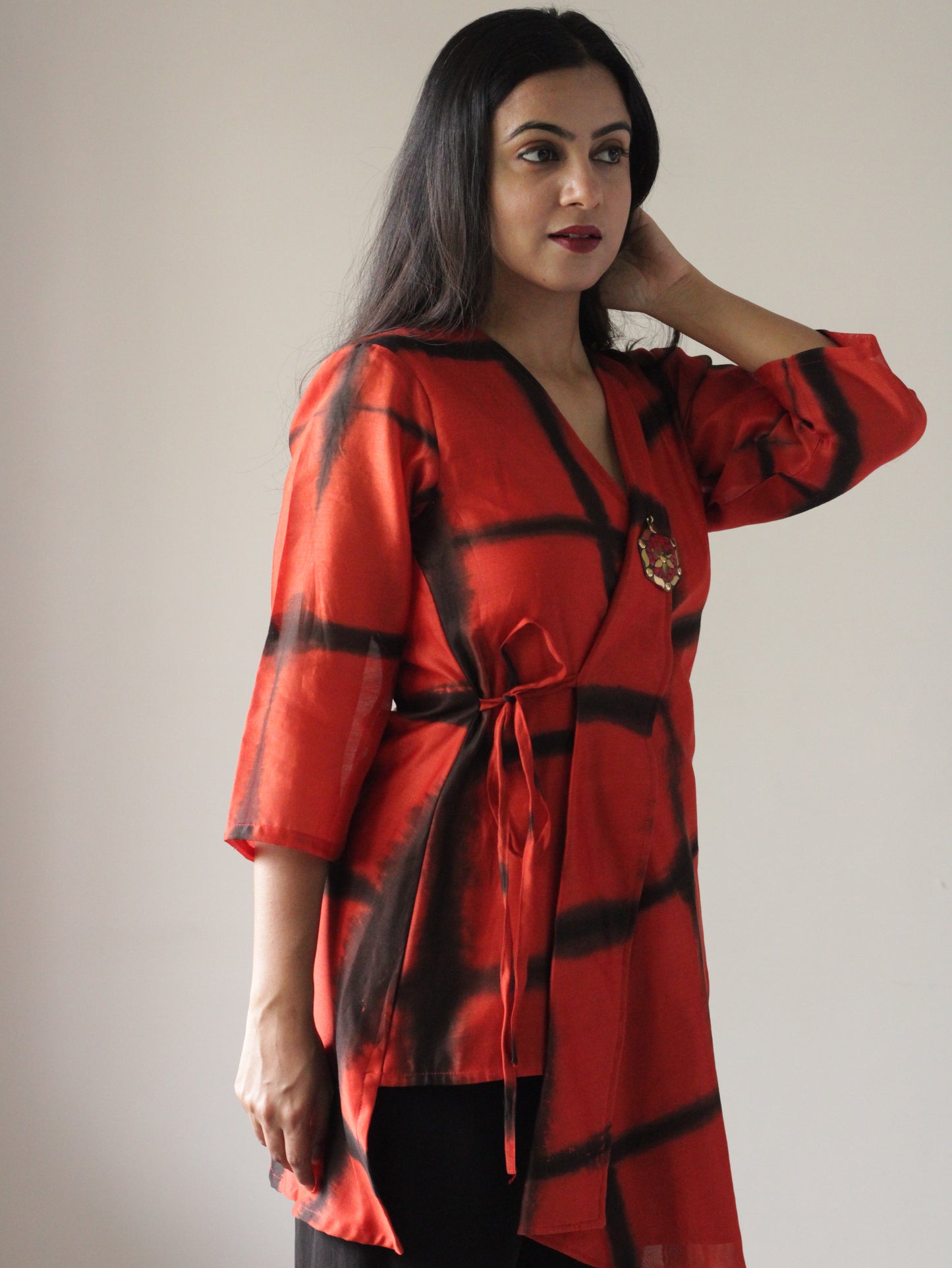 wrap top for women, western dresses online, chanderi dress women, knee length dress for girls, red chanderi wrap top. semi occasion . party wear