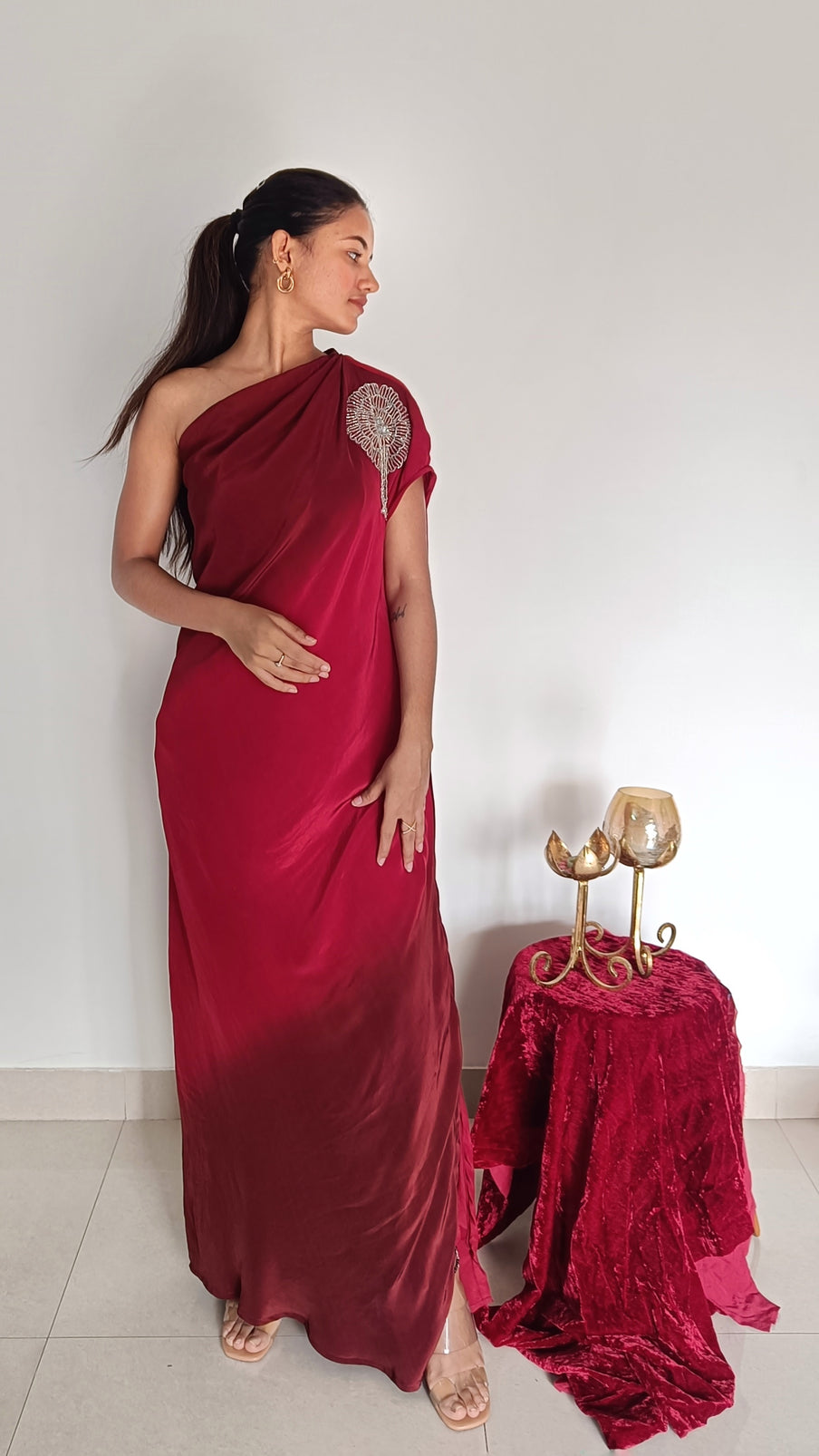 One Shoulder Maroon Ombre Gown