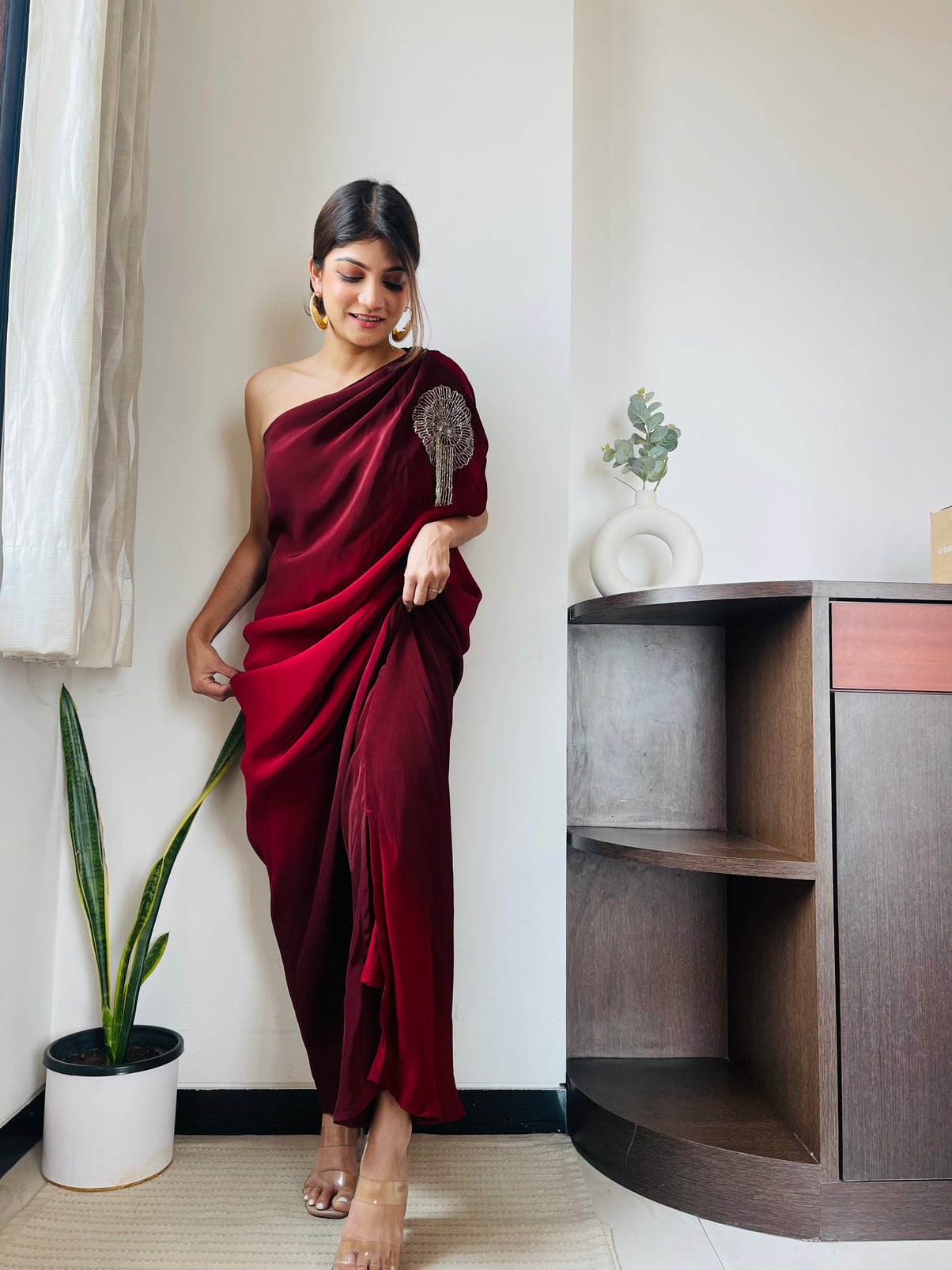 One Shoulder Maroon Ombre Gown