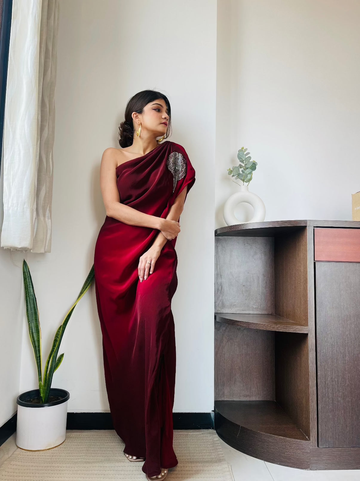 One Shoulder Maroon Ombre Gown