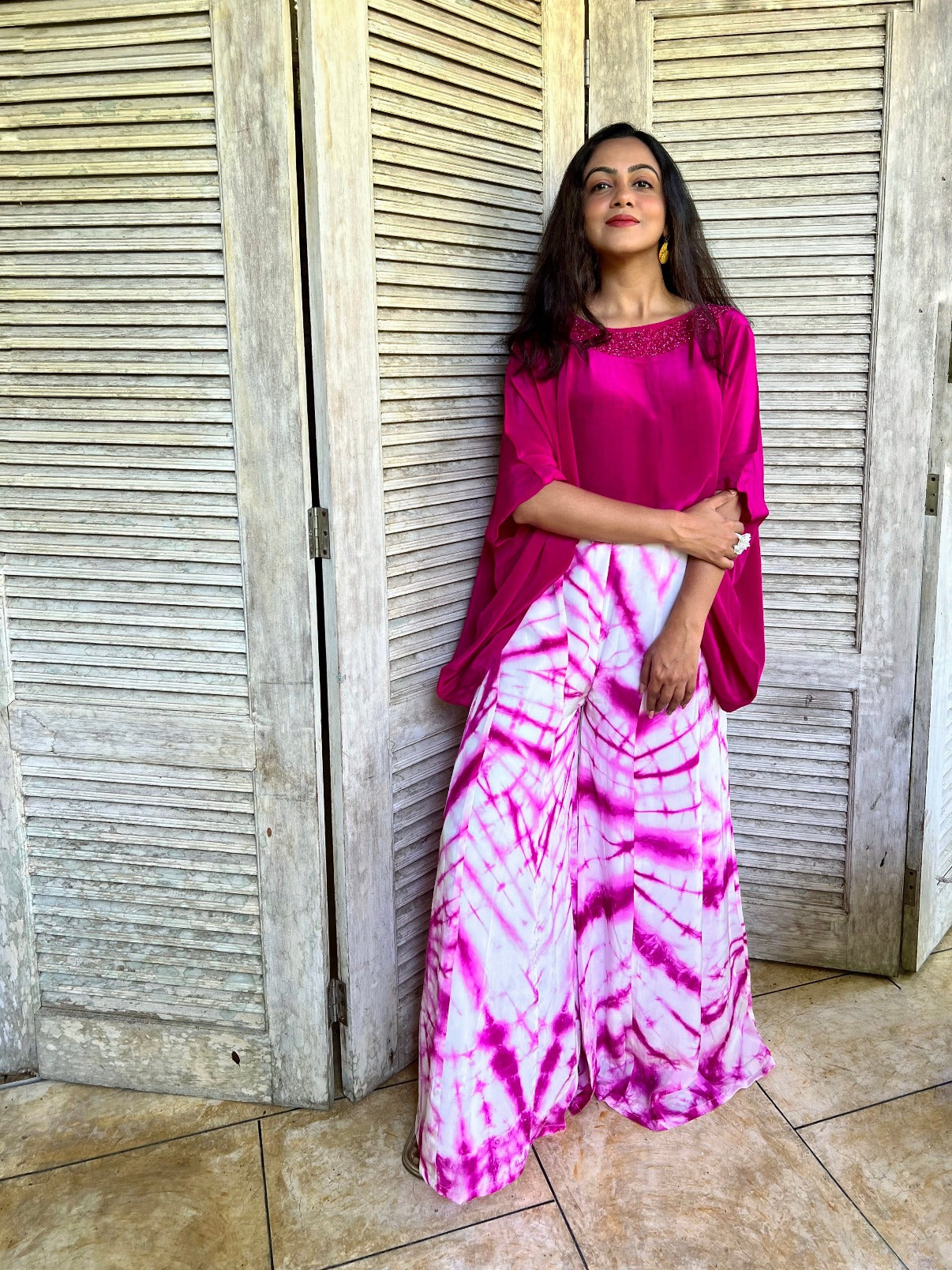 pink shibhori dress shibhori dresses for women pink shibhori indo western party dress pink part wear dress pink dress outfit ideas pink cape top with work Affordable plazo set dress Designer shibhori dress ethenic pink dress