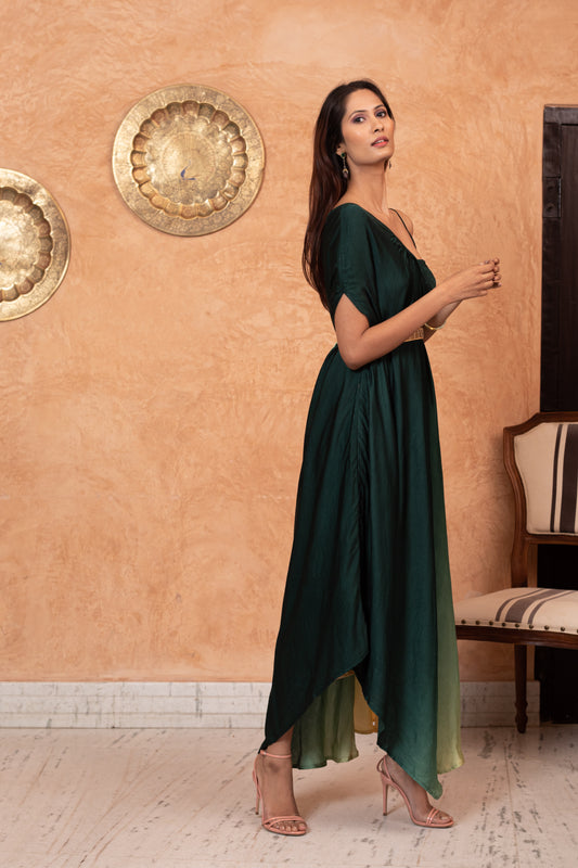 Deep green & cream ombre gown