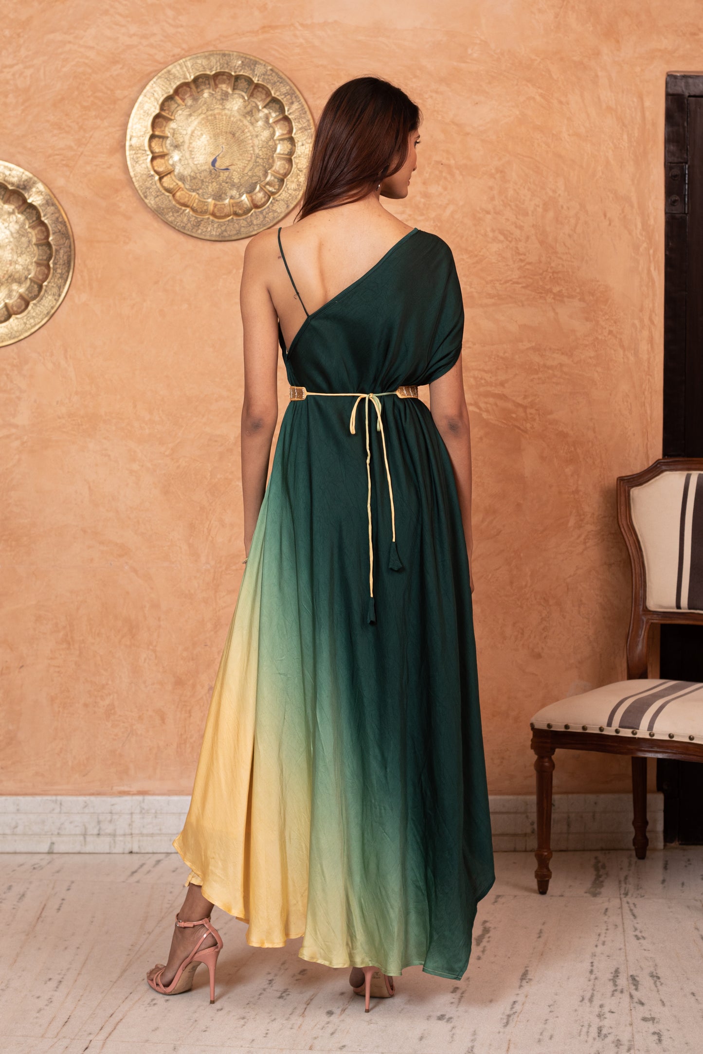 Deep green & cream ombre gown