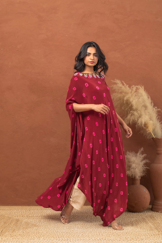 Maroon  Bandhani Poncho