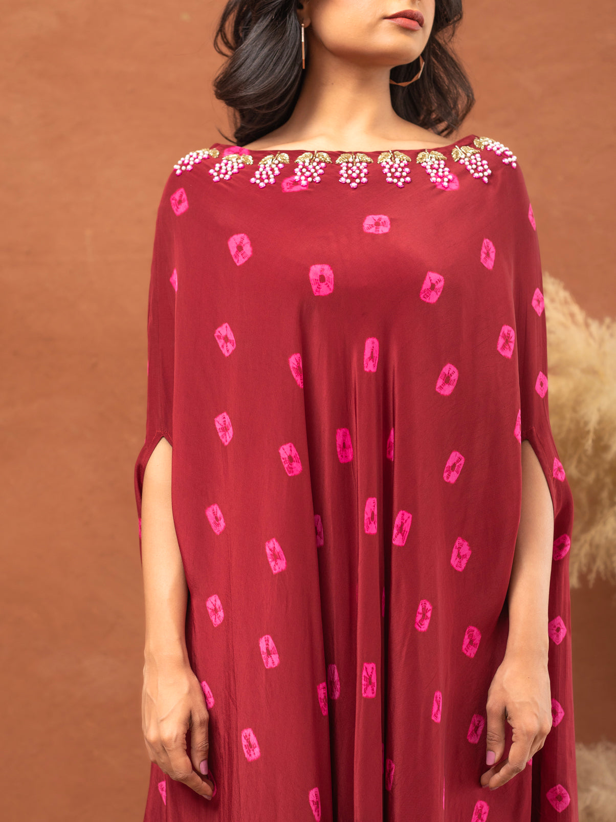 Maroon  Bandhani Poncho