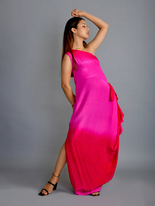 Ombre One Shoulder Cowl Gown