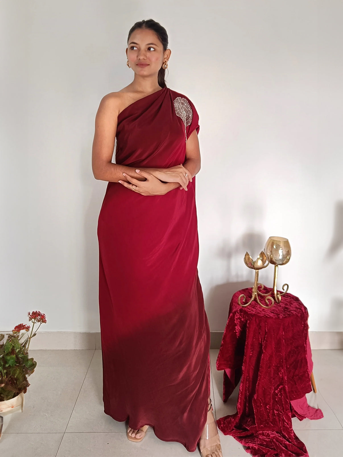 One Shoulder Maroon Ombre Gown
