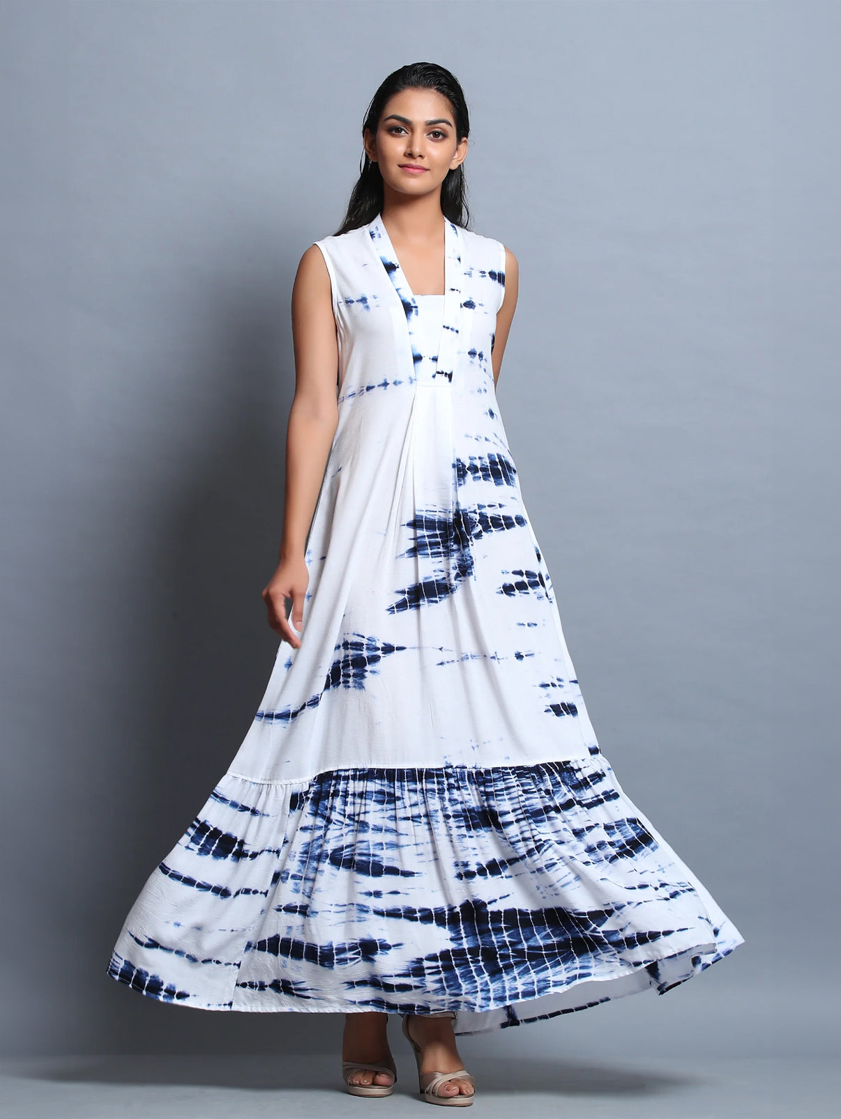 White & Blue Shibori Maxi Dress