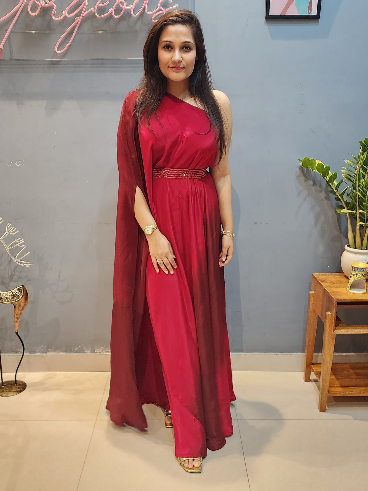 Maroon Ombre One Shoulder Gown