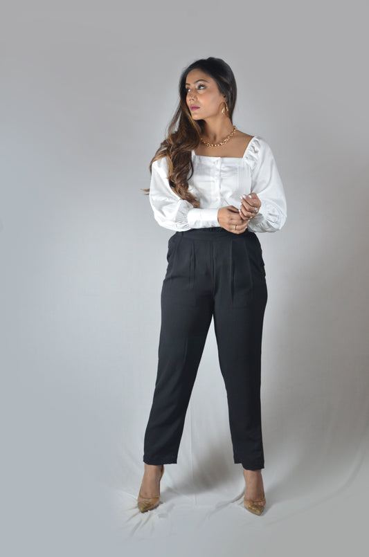 women western wear fashion. Black formal pants, office wear pants. Casual paper bag pants. black trousers for women