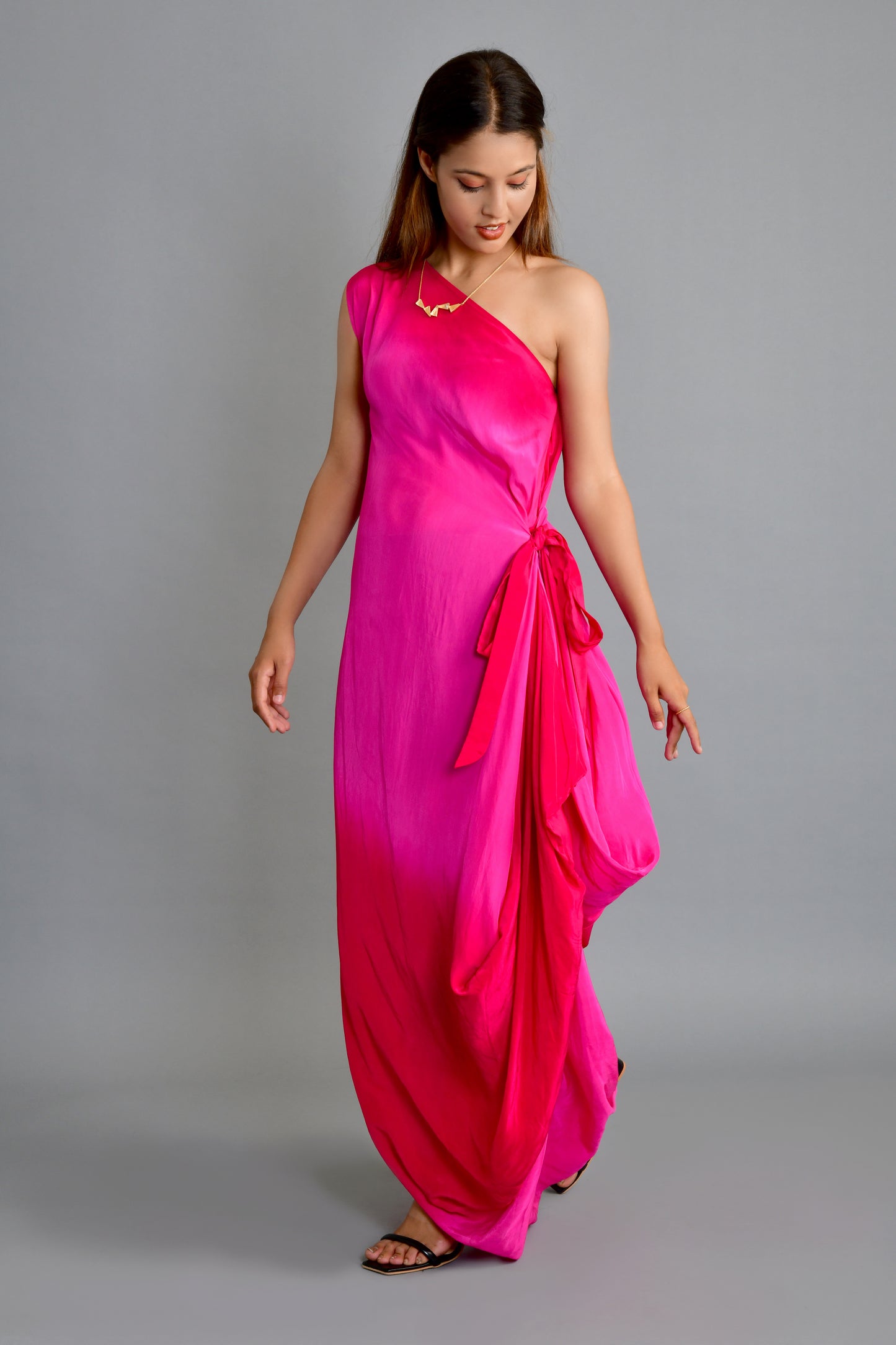 Ombre One Shoulder Cowl Gown