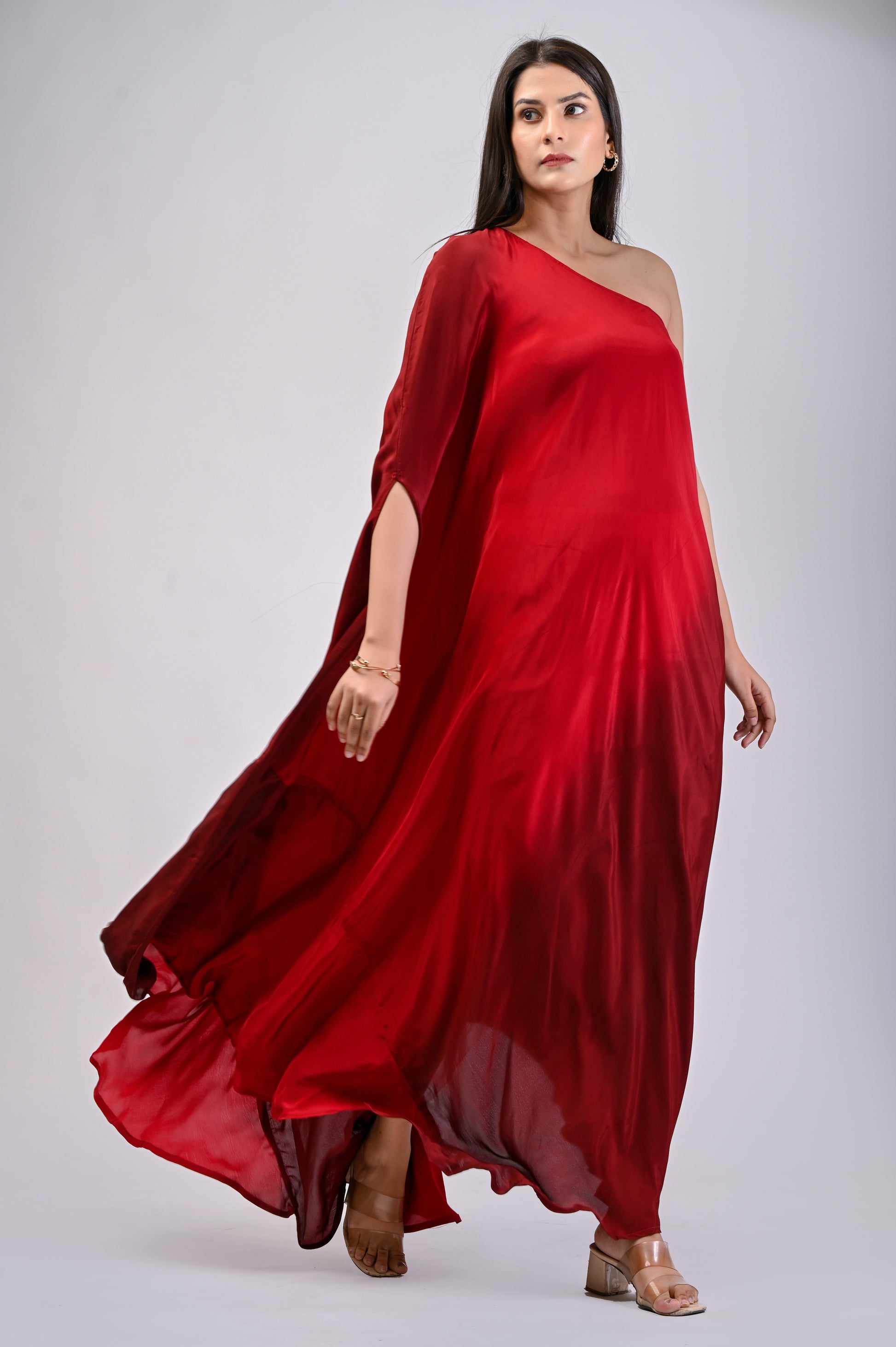 Buy Red Satin One Shoulder Dress With Floral Print And A Belt To Cinch The  Drape