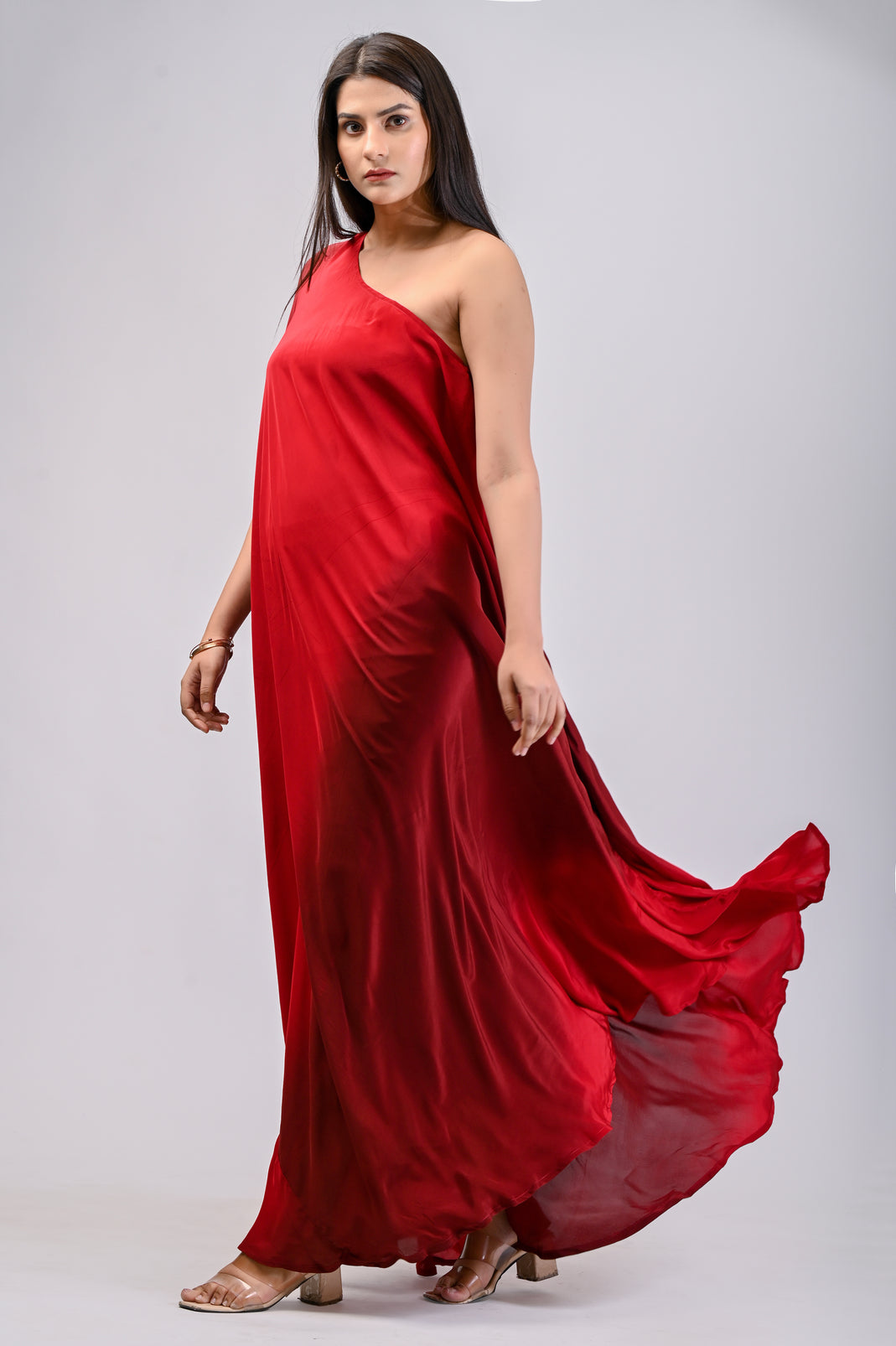 Maroon Ombre One Shoulder Gown