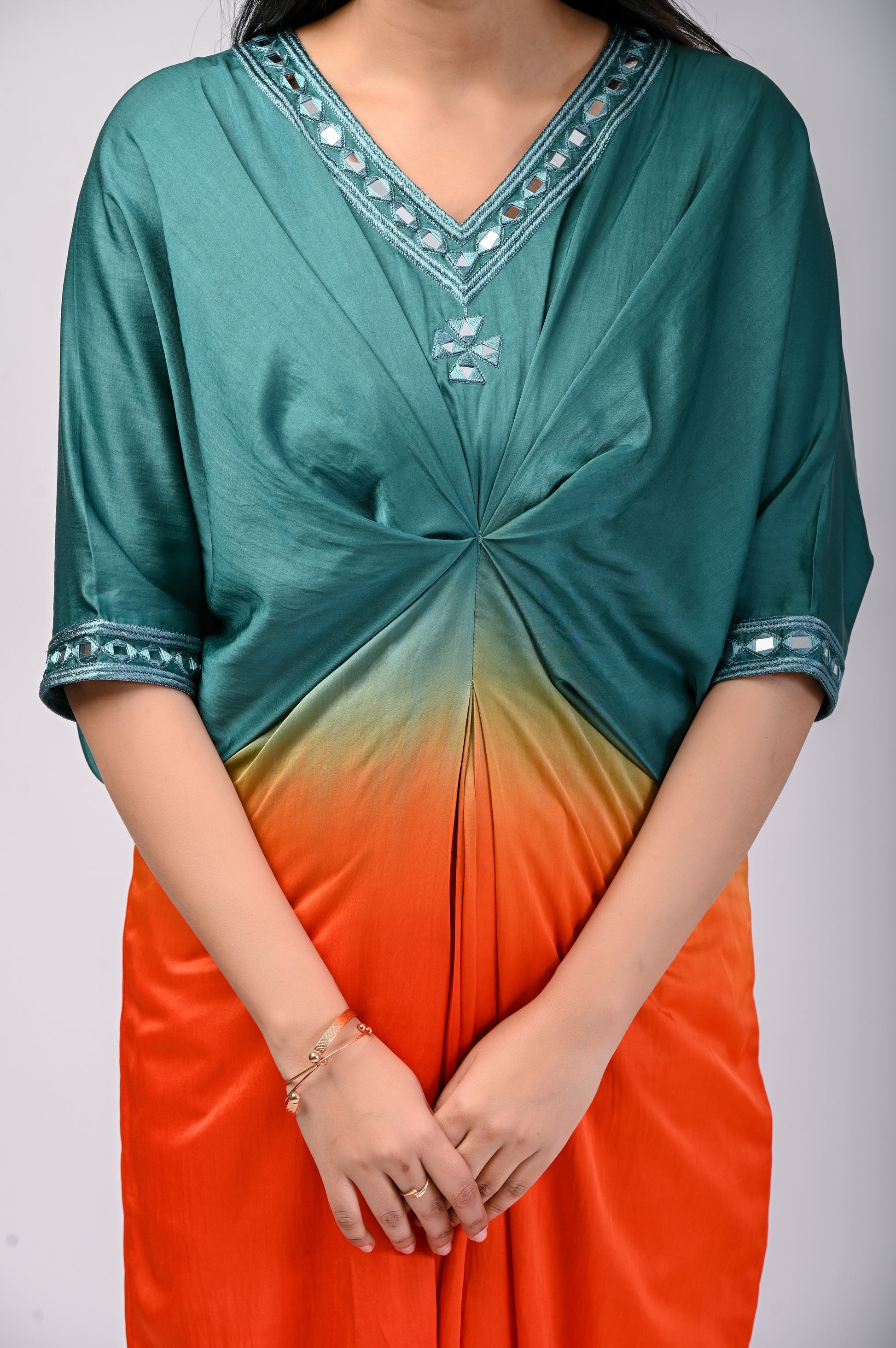Buy Blue Modal V Neck Hand Embroidered Kaftan Maxi Dress For Women