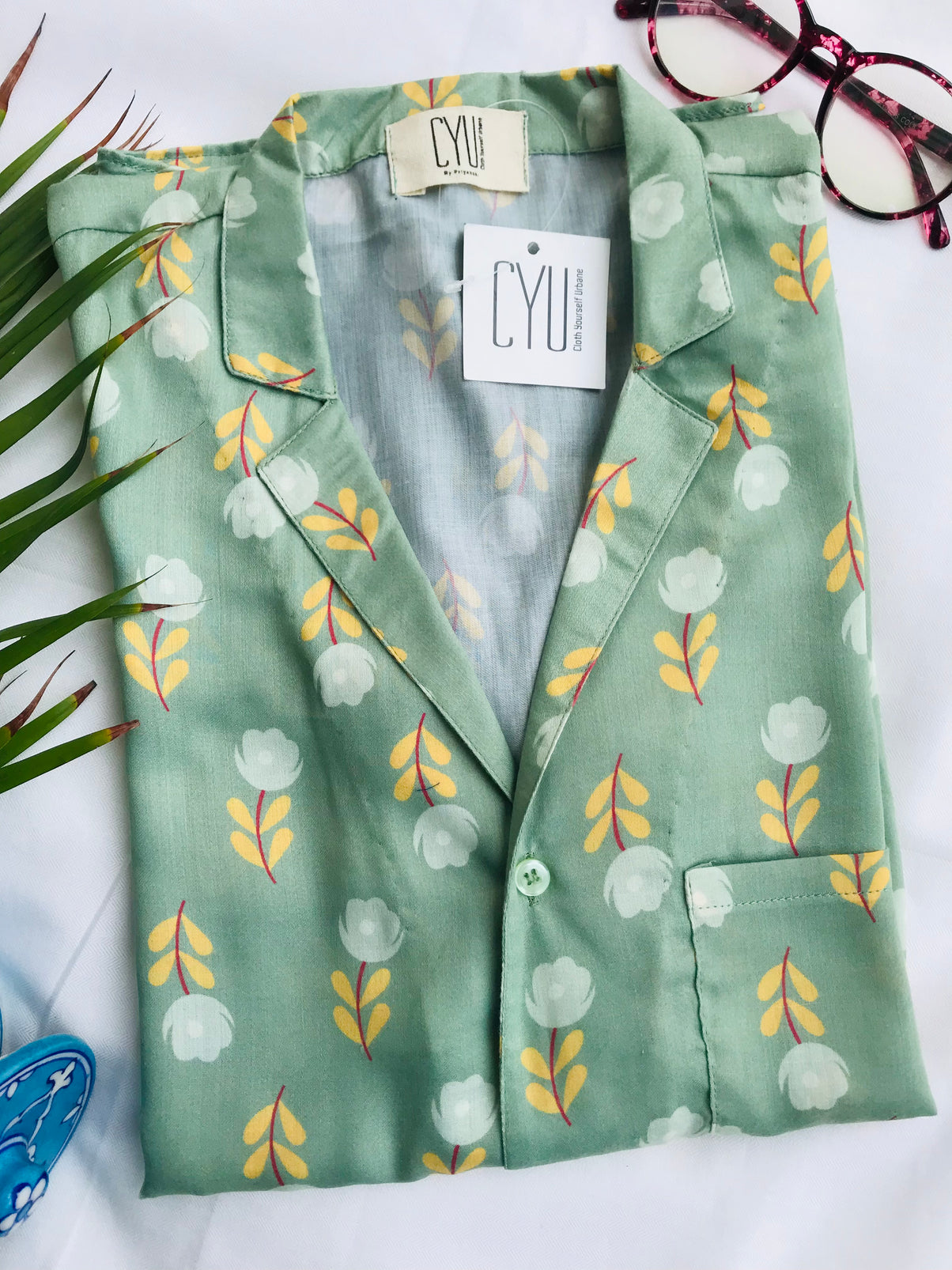 Green Satin Flower Printed Shirt