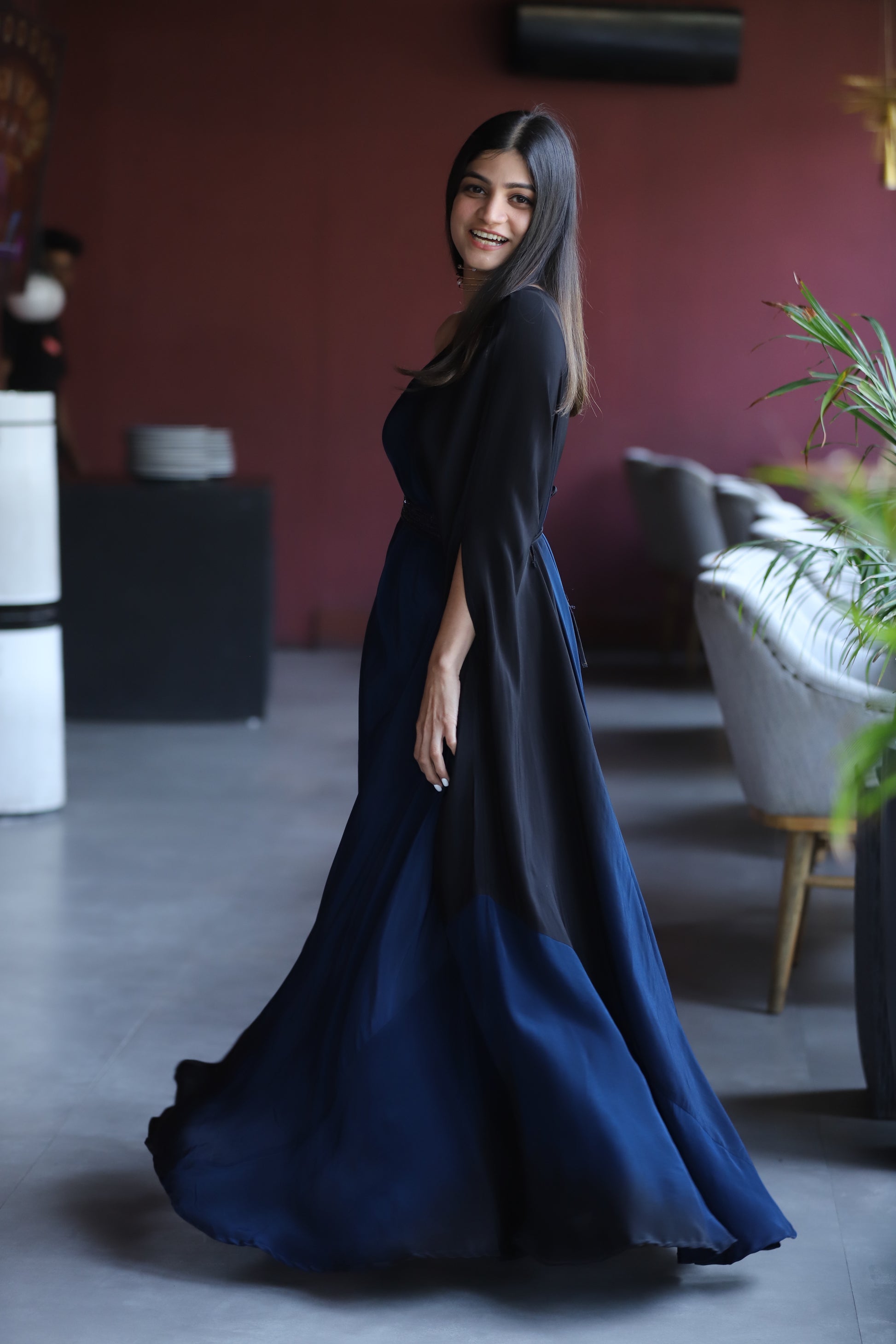 Indigo Blue Floral Print One Shoulder Dress With Belt – Nikita Mhaisalkar