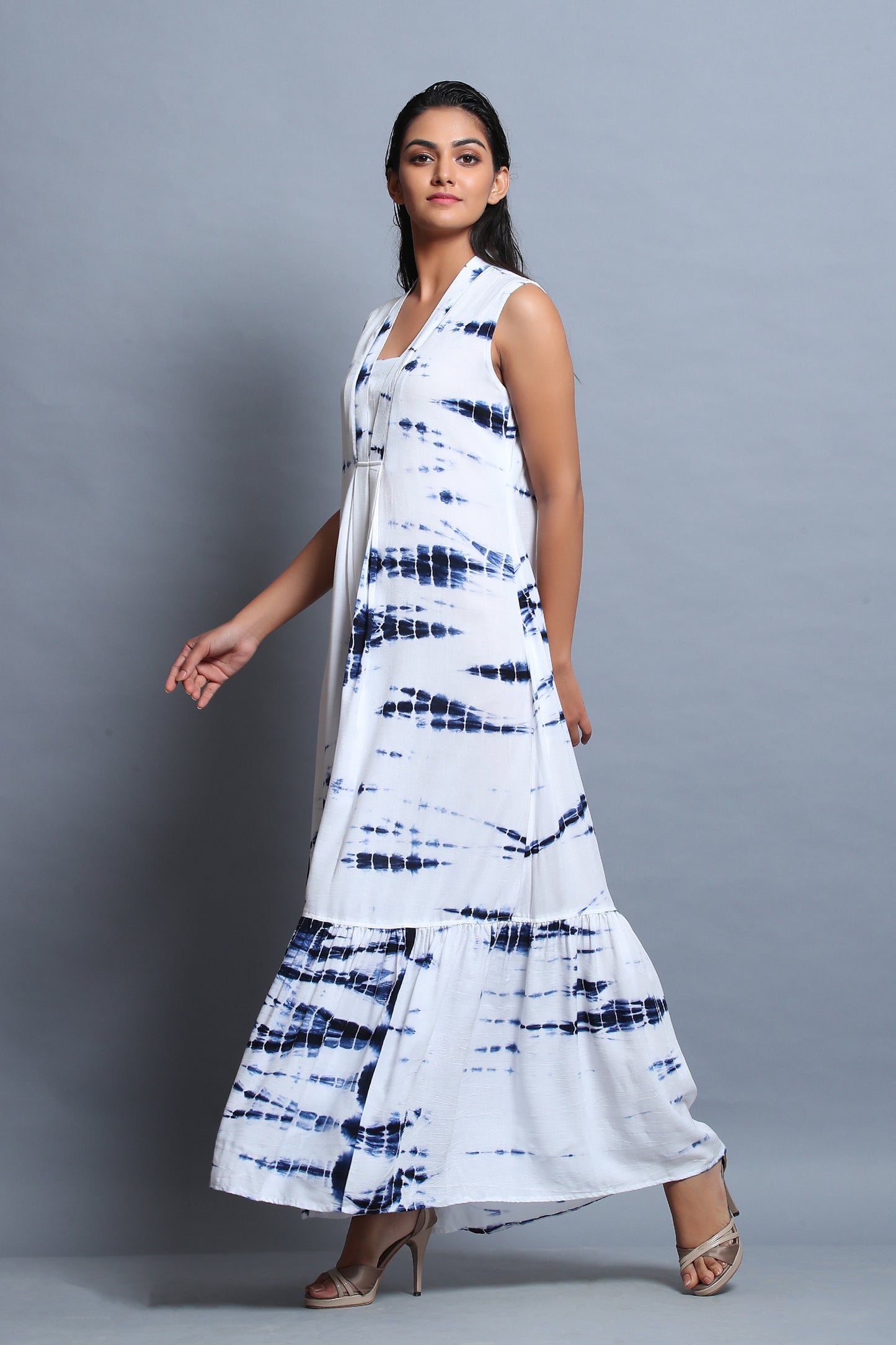 White & Blue Shibori Maxi Dress