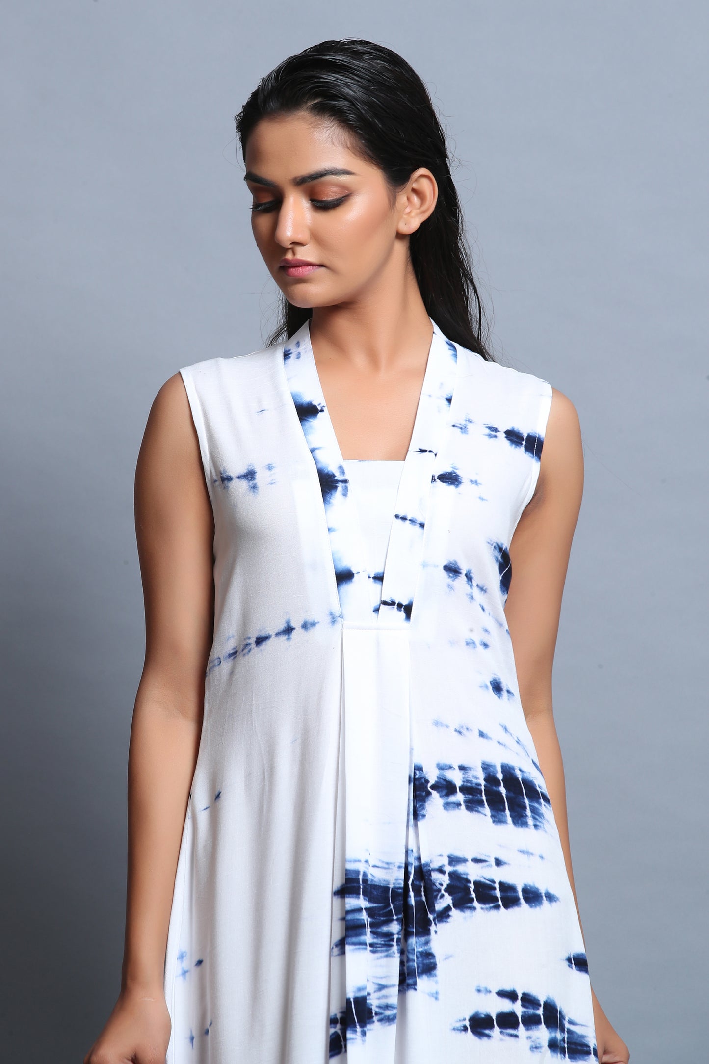 White & Blue Shibori Maxi Dress