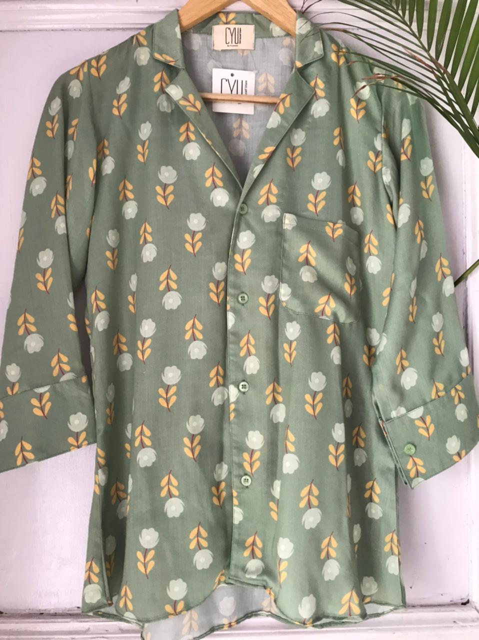 Green Satin Flower Printed Shirt