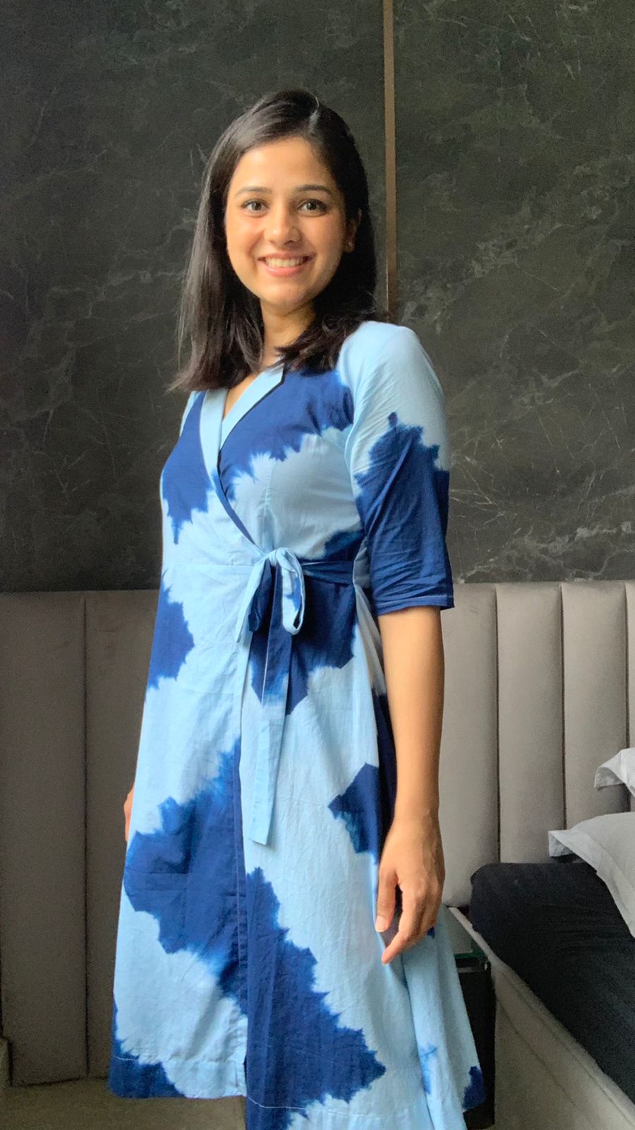 Bump-to-babyy in Blue Tie and Dye Wrap Dress