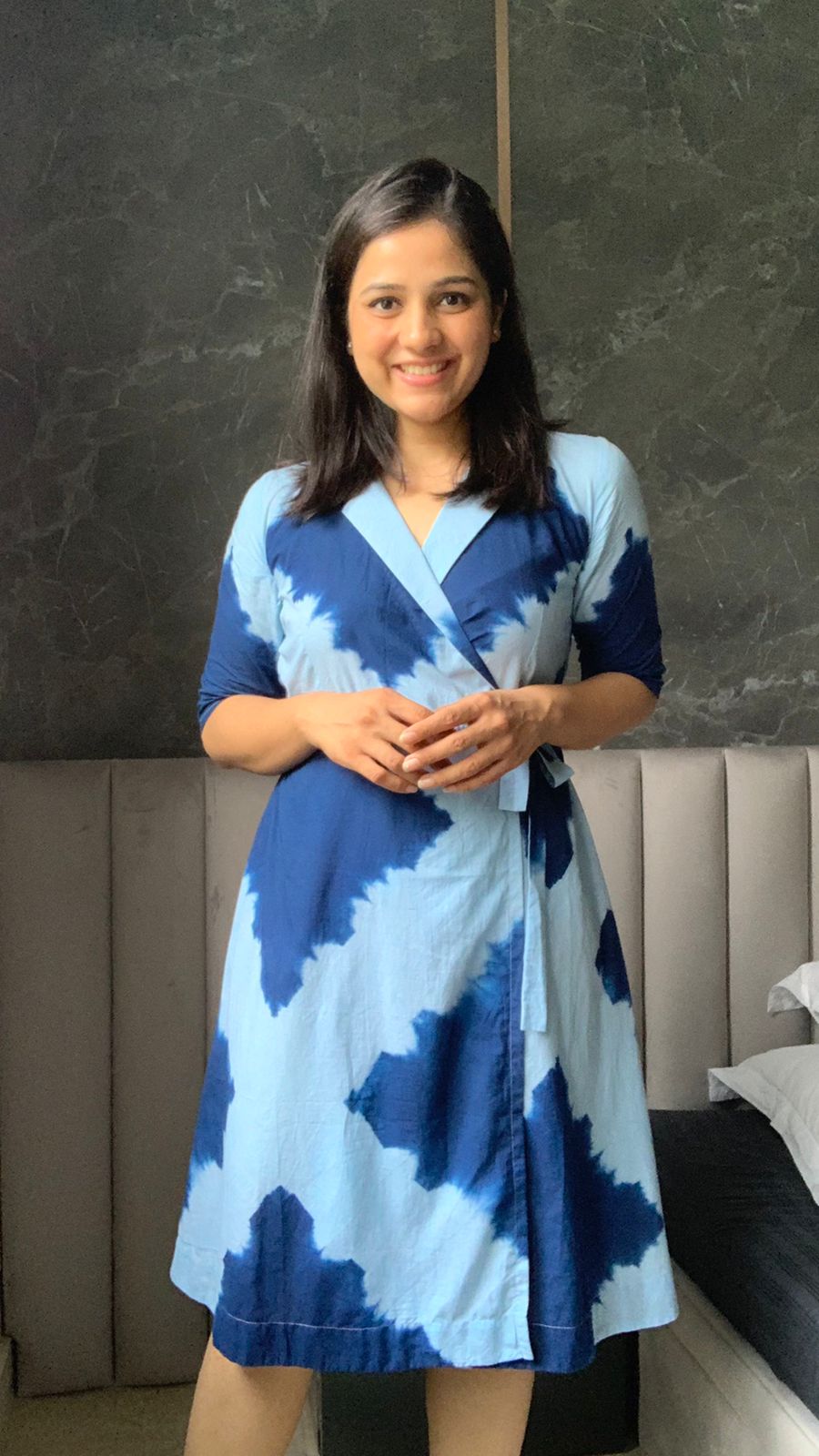 Bump-to-babyy in Blue Tie and Dye Wrap Dress