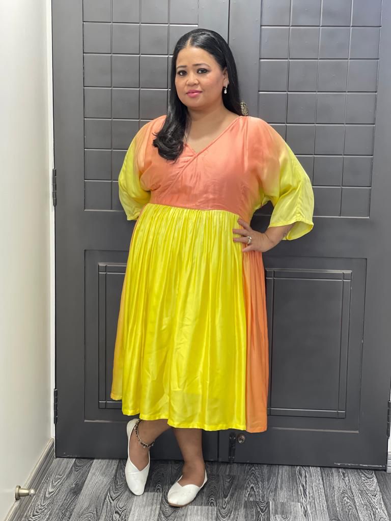 Bharti Singh in Yellow Box Dyed Cocktail Gown